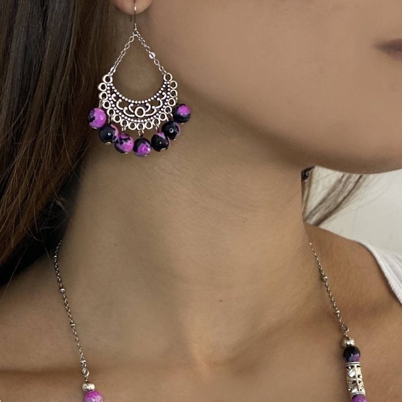 Silver Half-Circle Bead Drop Earrings - Picture 4 of 4